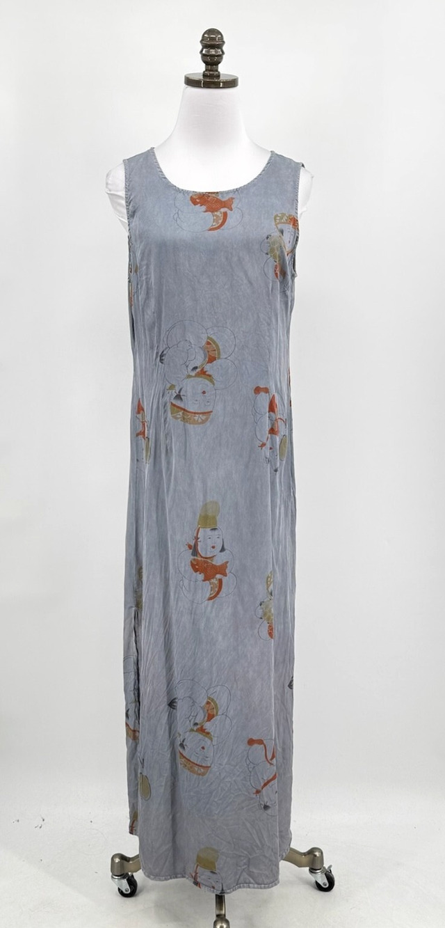 Citron Santa Monica Blue Asian Koi Fish Sleeveless Maxi Dress Sz M